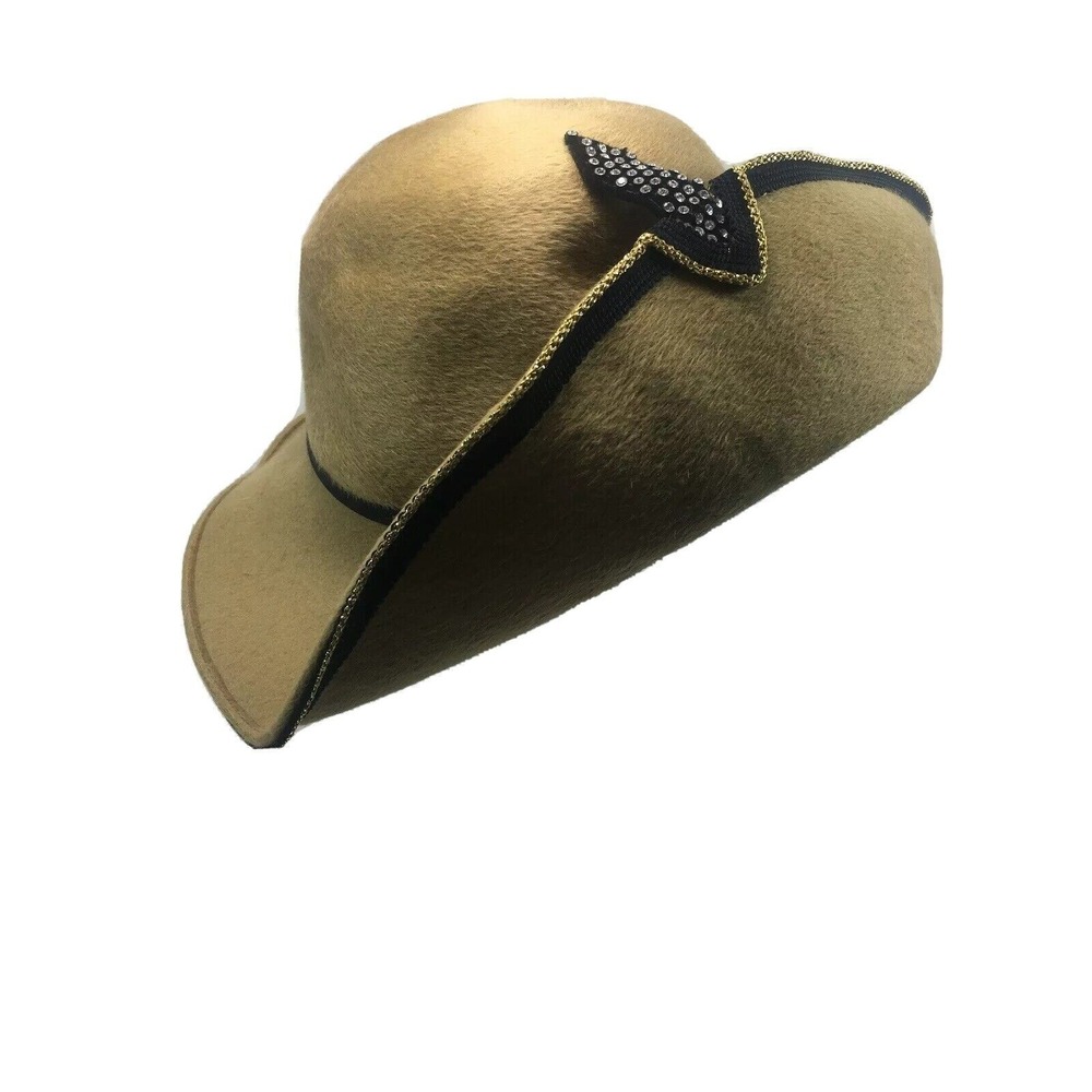 LESLIE JAMES Womens Hat 1950's Vintage Soft Genuine Tan Gold Trim Rhinestones